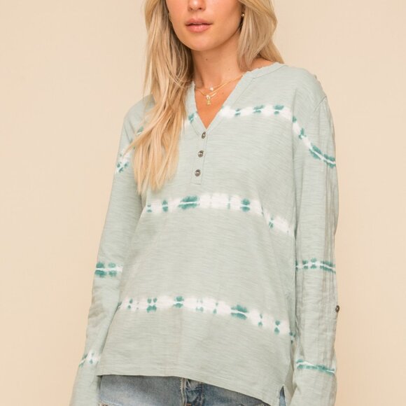 HEM & THREAD Seafoam Drift Tie-Dye Button Henley Top | Long Sleeve Lightweight - Picture 2 of 6